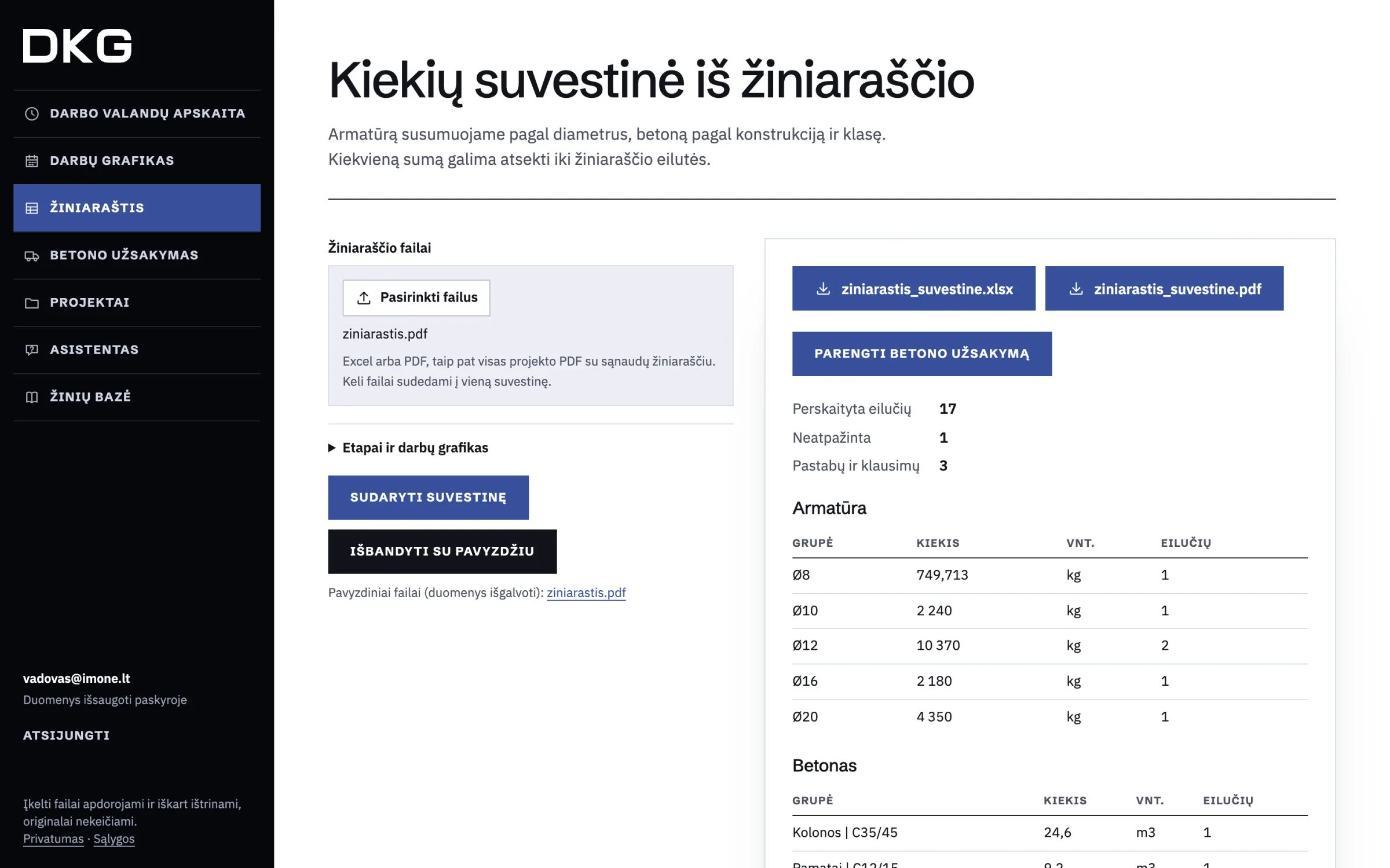 Programos langas: armatūros kiekiai pagal diametrą ir betono kiekiai pagal konstrukciją ir klasę